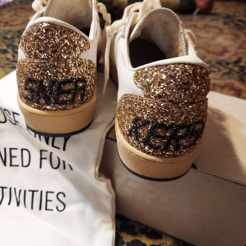 Golden Goose Ball Star White and Gold Glitter Athletic Shoes